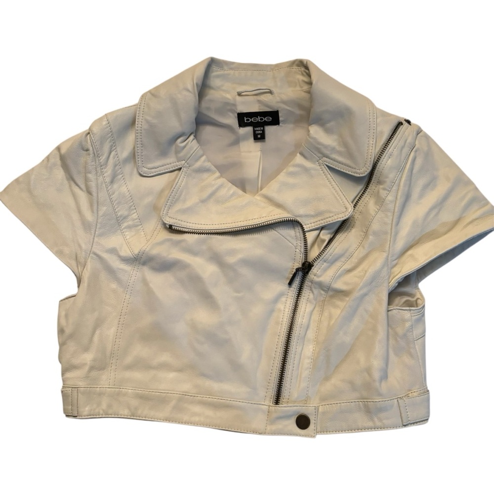 BEBE Glistening Snow White 100% Leather Crop Moto Jacket Medium cap sleeve Y2K - Picture 2 of 11